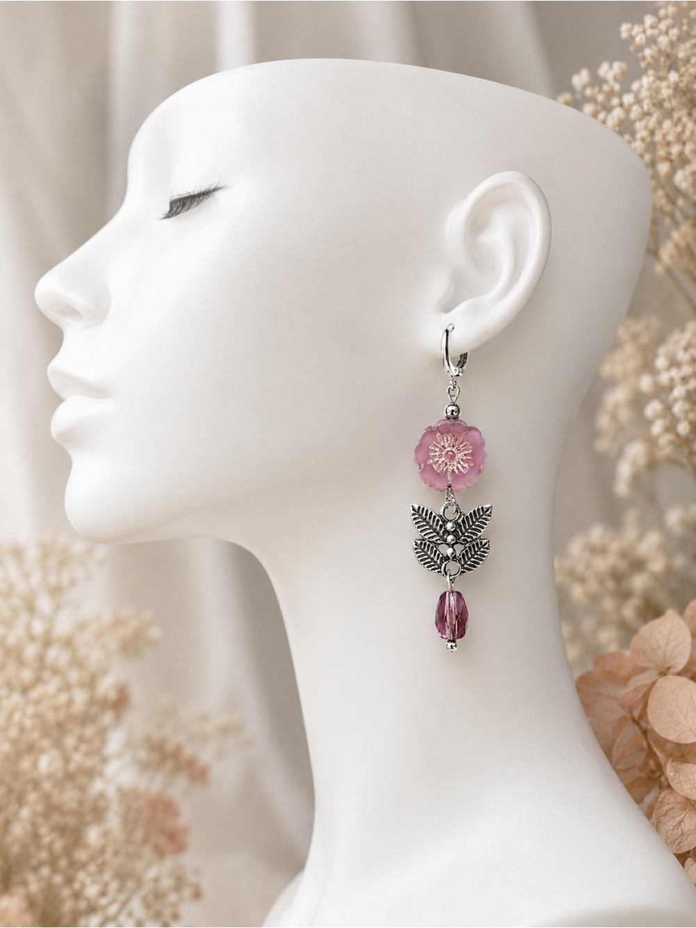 Pink Flower & Silver Leaf Dangle Earrings | Leverbacks - Picture 3 of 5